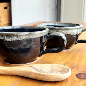 Large Rustic Soup Bowl with Handle in Black White Speckles Set of 2 Bowls