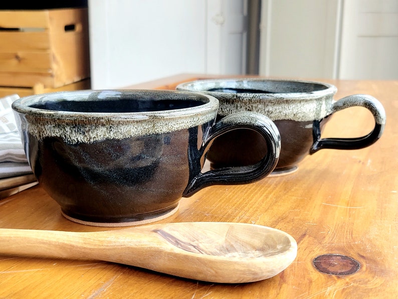 Large Rustic Soup Bowl with Handle in Black White Speckles Set of 2 Bowls