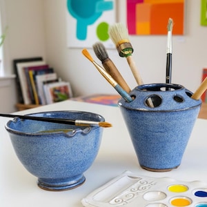 手作り陶器製水彩絵の具ボウル＆ブラシキャディセット - ブルー