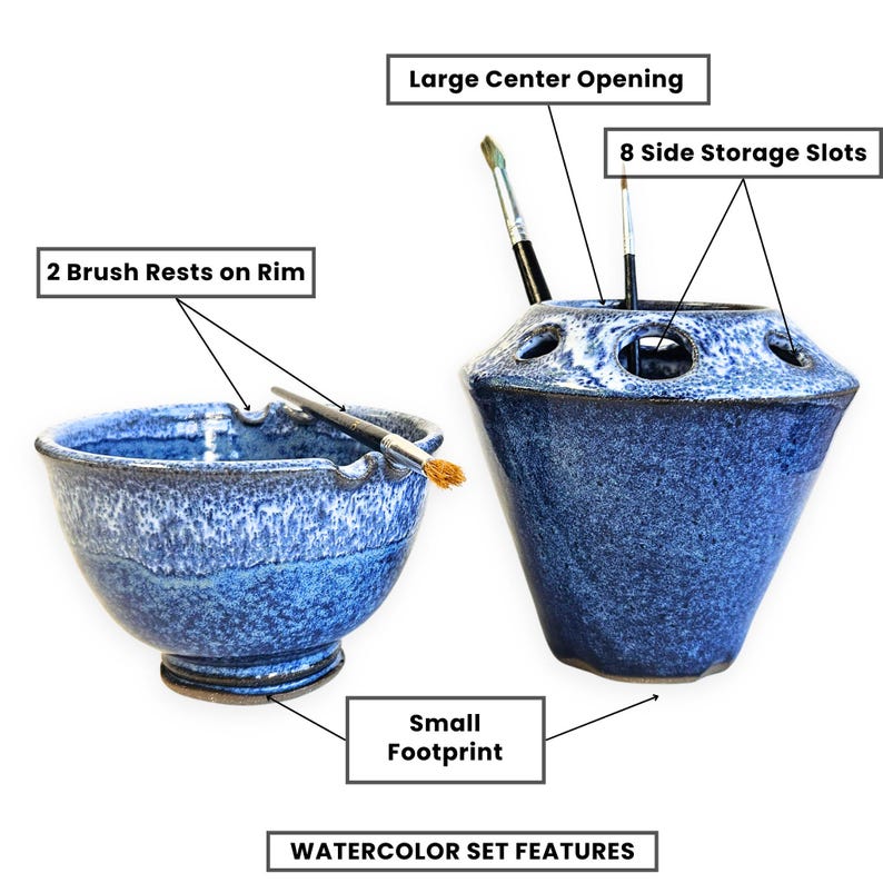 May include: A blue ceramic watercolor set with a large center opening, 8 side storage slots, and 2 brush rests on the rim. The set has a small footprint.