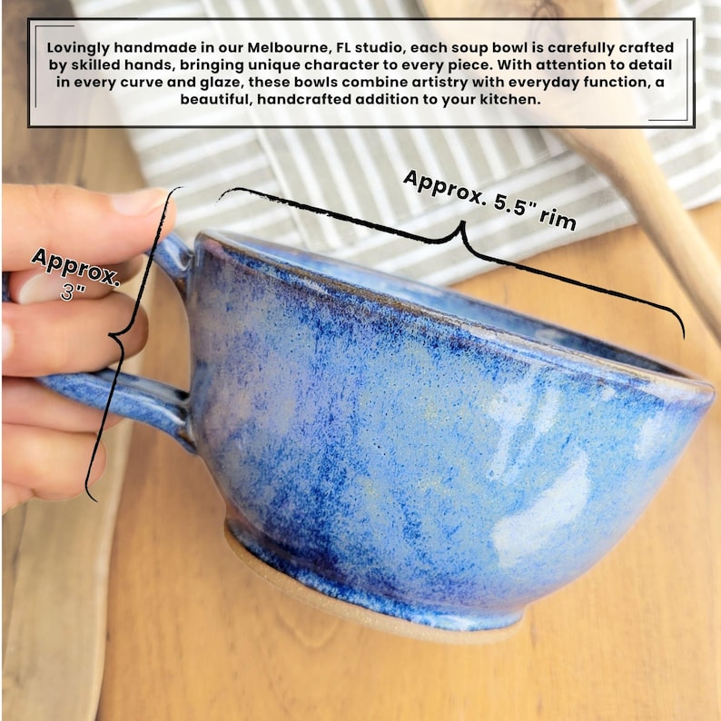 Handmade Stoneware Soup Bowl with Handle: Black Green Speckled Pottery image 5