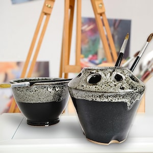 Painting Watercolor Set Bowl and Brush Caddy rest stand for painters rinse Black White Speckle