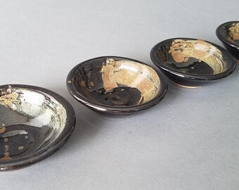 Set of 4 Condiment Dishes Sauce Dipping Bowls Sushi Butter Cream Black Gold Tan Swirl