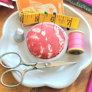 Flower Pincushion and Sewing Notions Holder for Millinery - Needle and Notions Organizer for Hat Maker in Coral