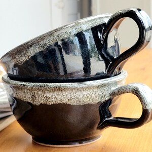 Large Rustic Soup Bowl with Handle in Black White Speckles image 4