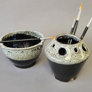 Painting Watercolor Set Bowl and Brush Caddy rest stand for painters rinse Black White Speckle image 2