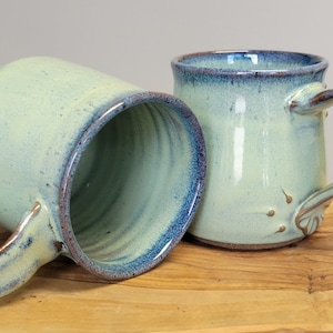 Handmade Green Ceramic Mug Set – His and Hers Housewarming Gift – Blue Rim & Textured Detail
