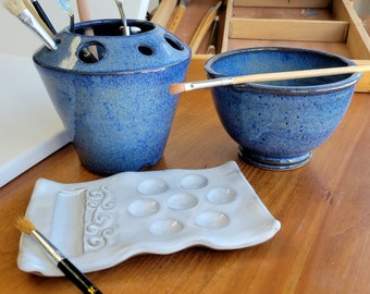 Painting Set - Palette, Painters Rinse Cup, and Brush Caddy rest stand for Watercolor Painting Blue