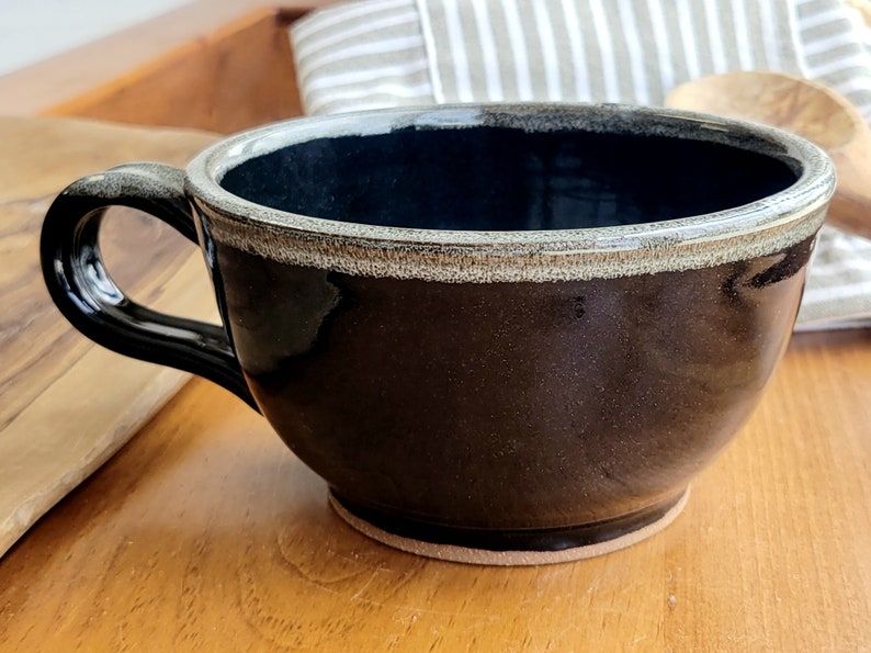 Large Rustic Soup Bowl with Handle in Black White Speckles Single Bowl