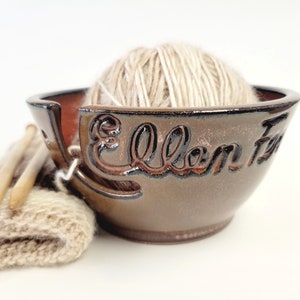 Personalized Custom Print Name Yarn Bowl Blue Engraved Finish Customized Ceramic Pottery Holder Knit Gifts for Knitters Nanna MADE TO ORDER Rust