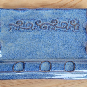 Swirly Pattern Scalloped Edge Triple Spoon Rest in Blue Handmade Pottery 3 Three Slot image 3