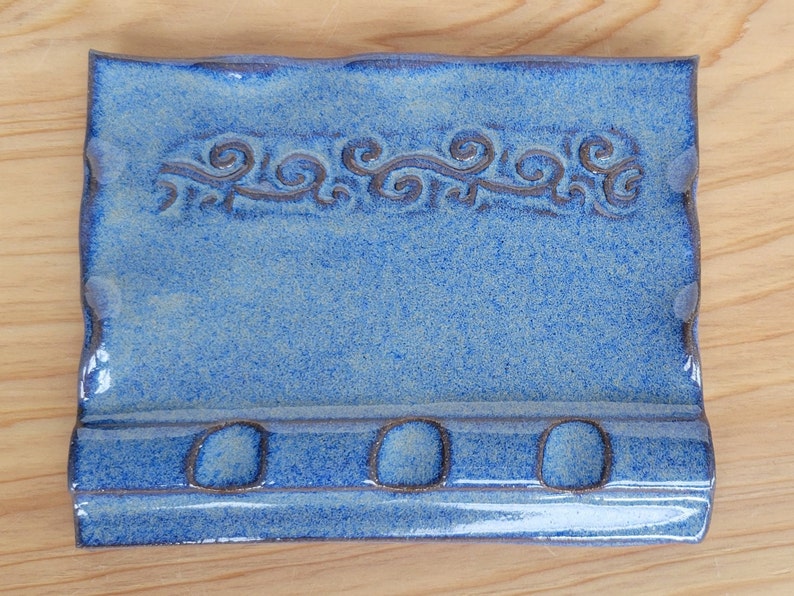 Swirly Pattern Scalloped Edge Triple Spoon Rest in Blue Handmade Pottery 3 Three Slot image 3