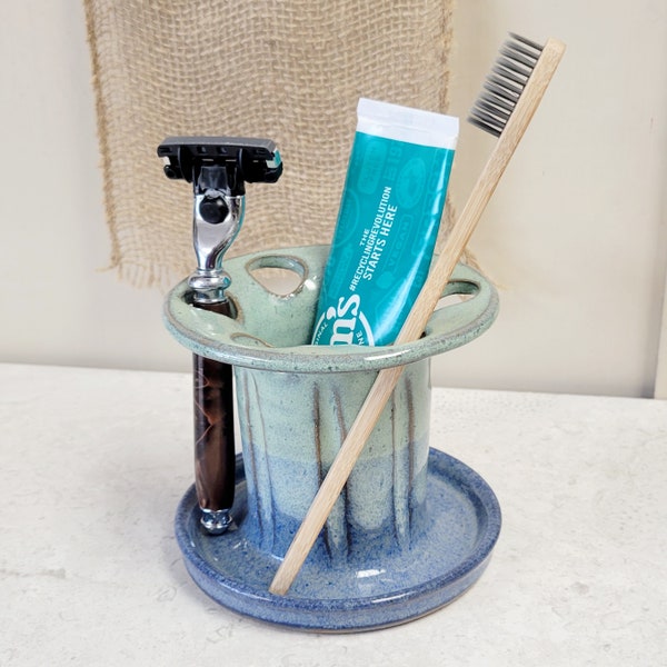 Toothbrush Holder 6 Slots in Cobalt Blue and Green Glaze