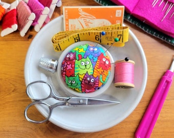 Sewing Notions Holder Dish with Pincushion - Needle Bobbin Storage Decor White Rainbow Cat