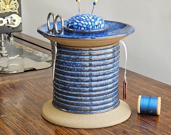 Handcrafted Sewing Caddy & Pincushion Set, Spool Shape, Scissors Included Bobbin Holder, Supplies and Notions Storage Blue