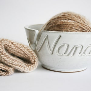 Personalized Custom Print Name Yarn Bowl Blue Engraved Finish Customized Ceramic Pottery Holder Knit Gifts for Knitters Nanna MADE TO ORDER White