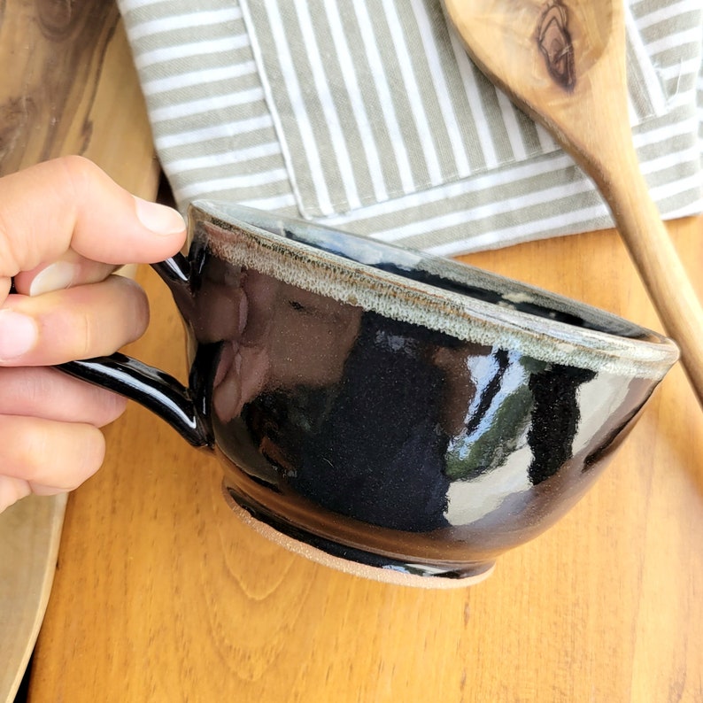 Large Rustic Soup Bowl with Handle in Black White Speckles image 3