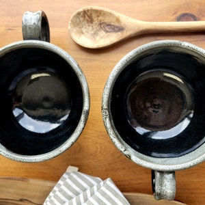 Large Rustic Soup Bowl with Handle in Black White Speckles image 2