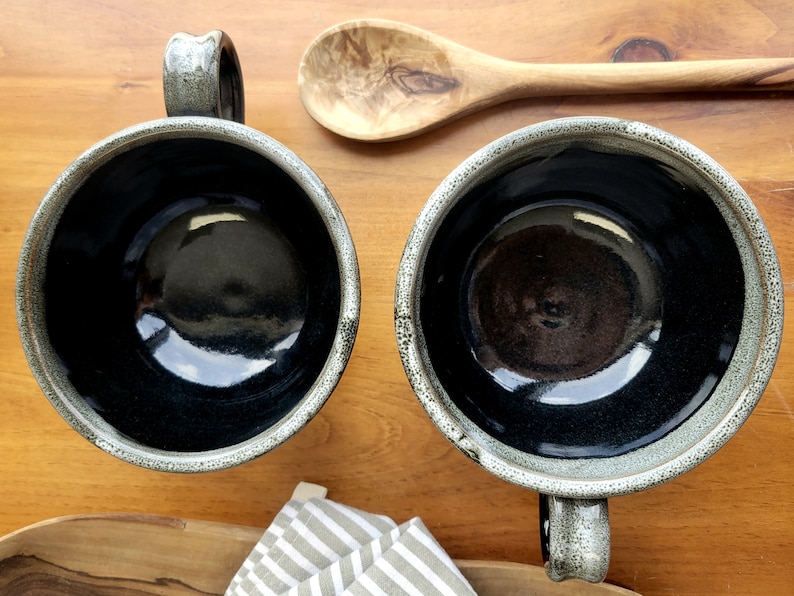 Large Rustic Soup Bowl with Handle in Black White Speckles image 2