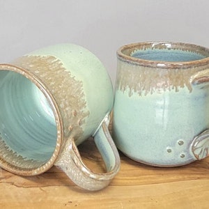 Handmade Embossed Coffee Mug Set: Green Bronze Glaze, 14 oz