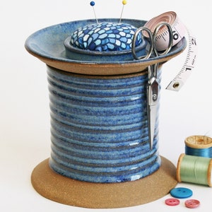 Sewing Station Caddy with Pincushion Bobbin Storage and Scissor Holder Craft Room Organizer Jar Quilting Basket Spool Blue Rainbow Kitty Cat