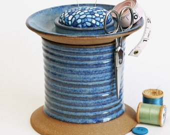 Sewing Station Caddy with Pincushion Bobbin Storage and Scissor Holder Craft Room Organizer Jar Quilting Basket Spool Blue Rainbow Kitty Cat