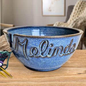 Personalized Yarn Bowl for Knitters – Blue Handmade Pottery Gift – Birthday or Friendship Keepsake