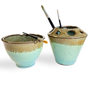 Peinture aquarelle, lot de 2 bols et chariot à pinceaux, support pour peintres, vert bronze goutte à goutte