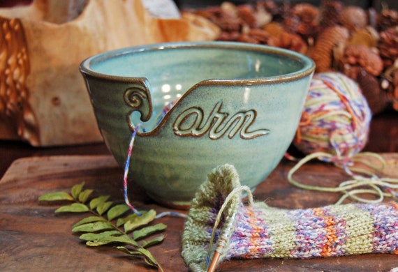 Ceramic Yarn Bowl Handmade Pottery for Knitting & Crochet Large Capacity  Craft Storage Holder Green 