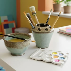 Cadeauset voor aquarelschilders – Keramisch palet, penseelhouder en spoelbeker in groenbrons
