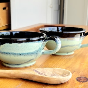 Soup and Chili Bowl with Handle – Handmade Pottery Chowder Mug, Black Green Speckled Stoneware, 9th Anniversary or Thanksgiving Gift
