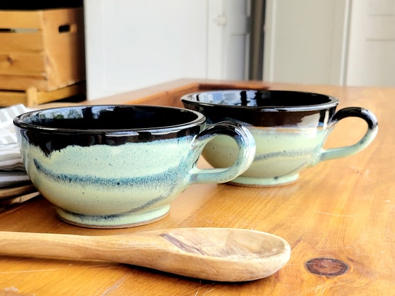 Handmade Stoneware Soup Bowl with Handle: Black Green Speckled Pottery