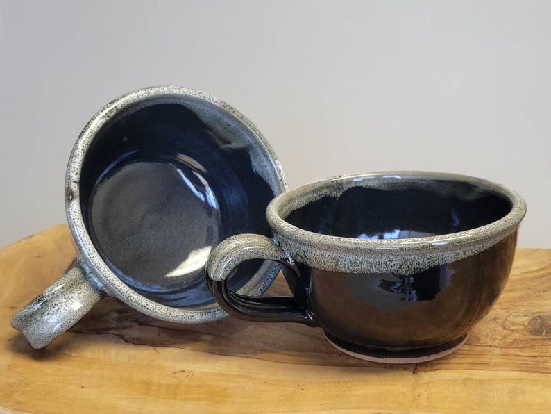 Large Rustic Soup Bowl with Handle in Black White Speckles image 6