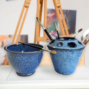Handmade Ceramic Watercolor Painting Bowl & Brush Caddy Set - Blue
