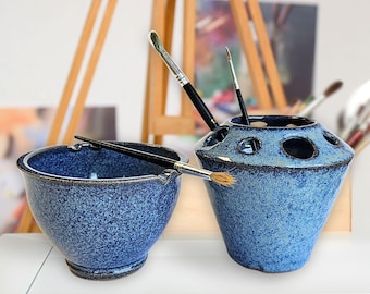 Handmade Ceramic Watercolor Painting Bowl & Brush Caddy Set - Blue