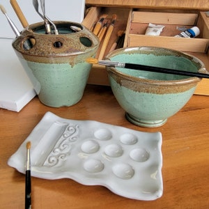 Watercolor Artist Gift – Ceramic Palette, Brush Holder & Rinse Cup Green Bronze