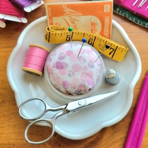 Sewing Notions Pincushion Dish in Floral Flower Petal Shape - Needle and Bobbin Holder in Lavender Pink Paint dot White