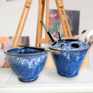 Painting Watercolor 2pc Set Bowl and Brush Caddy rest stand for painters rinse Blue White Speckle