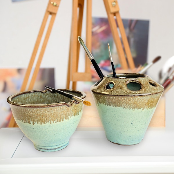 Handmade Ceramic Acrylic Paint Set - Brush Rinse Bowl & Tool Caddy