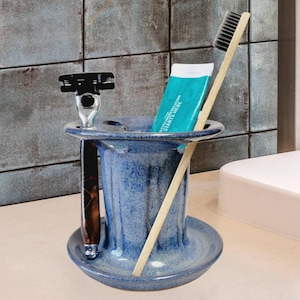 Portacepillos de dientes para encimera de baño, de cerámica hecha a mano, de gran capacidad, con 6 ranuras en azul