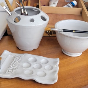 Handcrafted Stoneware Painting Set: Palette, Brush Caddy, Rinse Bowl