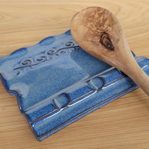 Swirly Pattern Scalloped Edge Triple Spoon Rest in Blue Handmade Pottery 3 Three Slot image 5