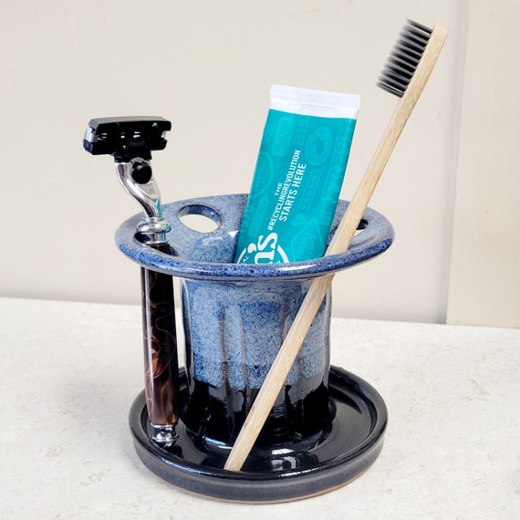 Porta rasoio di sicurezza per spazzolino da denti a 6 fori, ceramica fatta  a mano blu nero -  Italia