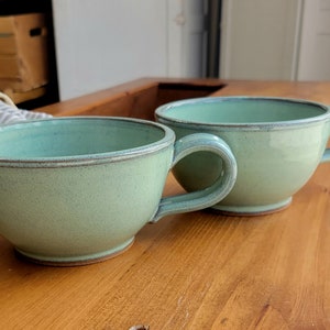 Green Stoneware Ramen Bowl with Handle: 20 oz Rustic Soup Mug