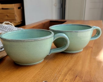 Soup and Cereal Bowls Handmade Pottery Country Style Handled in Green