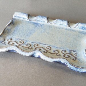 Swirly Pattern Scalloped Edge Triple Spoon Rest in Blue Handmade Pottery 3 Three Slot image 7