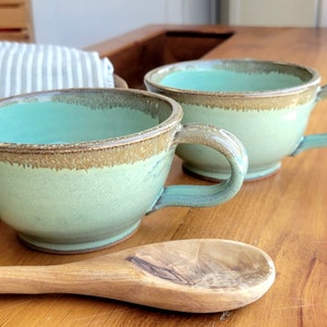 Handled Soup and Chowder Bowl – Handmade Stoneware Pottery Mug, Large 20oz Green Bronze Cereal Bowl, Rustic Housewarming Gift