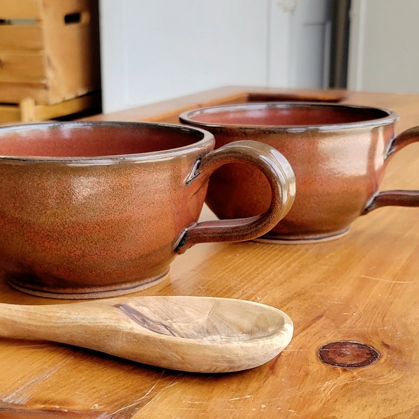 Soup and Cereal Bowls Chowder Mug with Handle Deep Sides Brown Rustic Red Chili Cook off