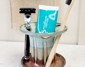 Toothbrush Holder Shaving Razor Stand Large Capacity 6 Slots Iron Red and Green Glaze EACH ONE UNIQUE