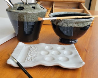 Painting Set - Palette, Painters Rinse Cup and Brush Caddy rest stand for Watercolor Painting Black White Speckle